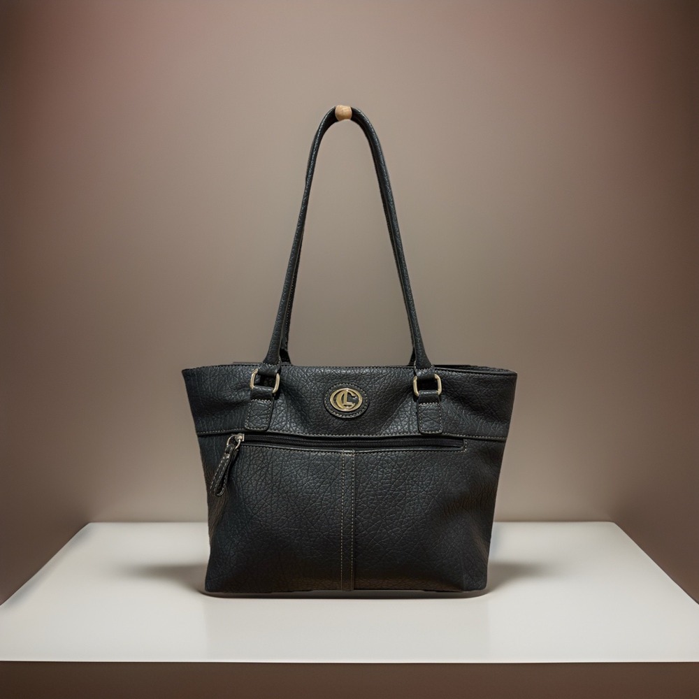 Women's Black Pebbled Tote Shoulder Bag Gold Hardware Zip Closure Double Handles